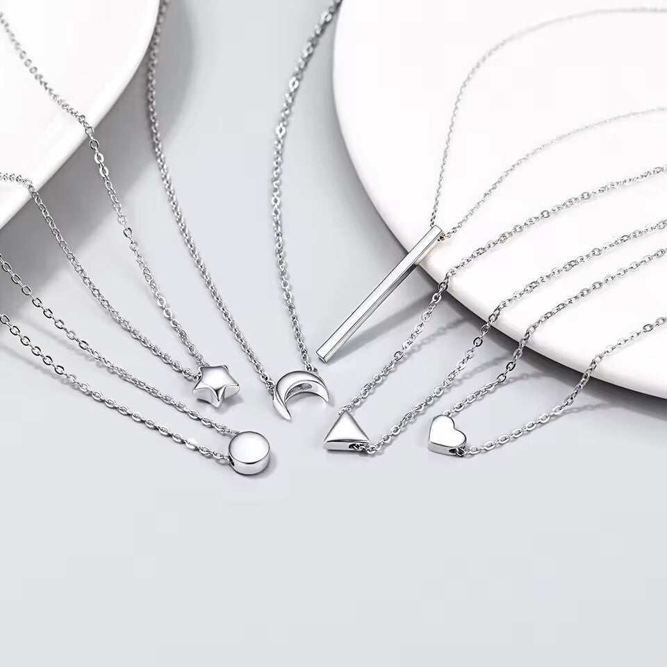 U7 925 Sterling Silver Heart Star Round Moon Necklaces